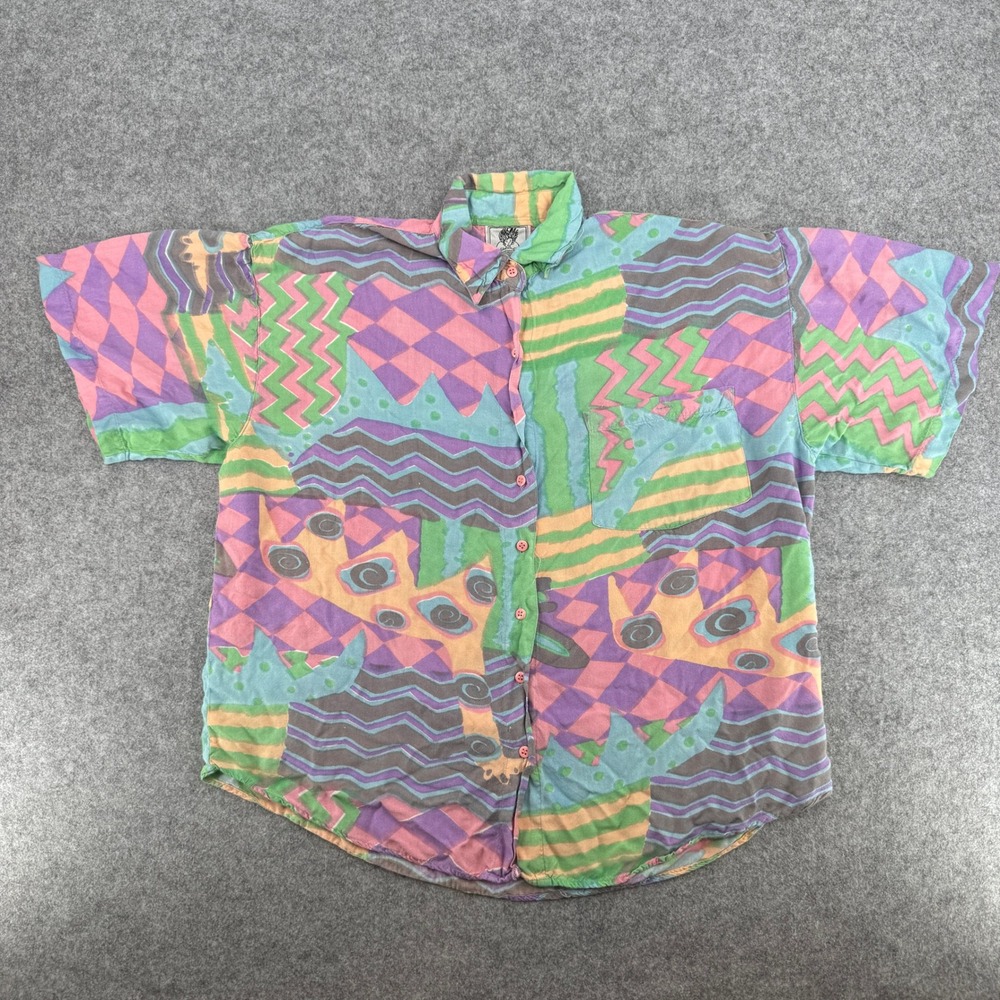 Vintage Multicolor Abstract 90s Button Down Short Circuit Shirt Womens Large